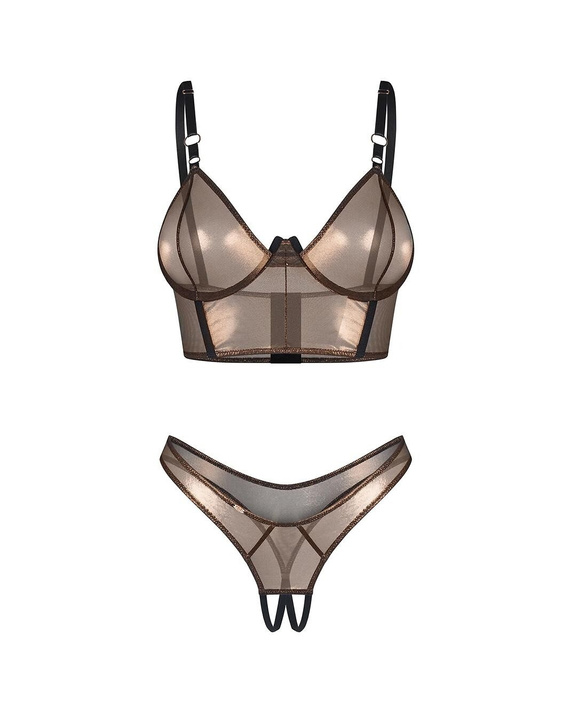 Obsessive Soranna Top & Crotchless Thong – dwuczęściowy komplet bielizny ze złotą siateczką