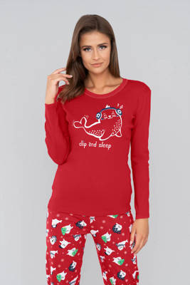 Piżama Damska długi rękaw, długie spodnie Kasjana Italian Fashion- czerwony/druk czerwony