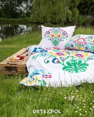 Pościel bawełniana Łowicka wycinanka 3612 A kwiaty kurpiowska Detexpol biały/szary