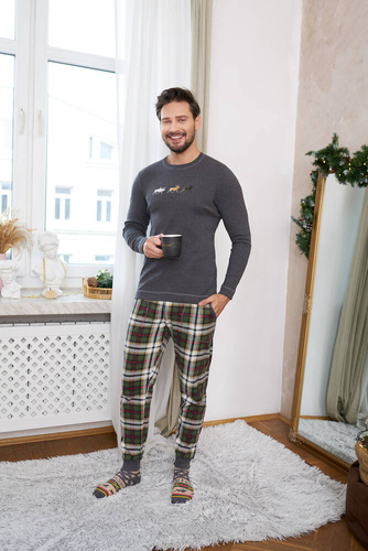 Piżama Męska długi rękaw, długie spodnie Seward talian Fashion - c.melanż/druk