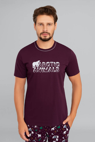 Piżama Męska krótki rękaw, długie spodnie Manfred Italian Fashion - burgund/druk burgund