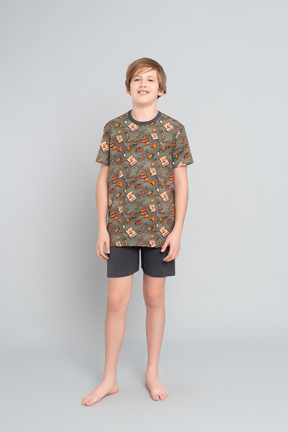 Piżama chłopięca krótki rękaw, spodnie Western Italian Fashion - oliwkowy/grafit
