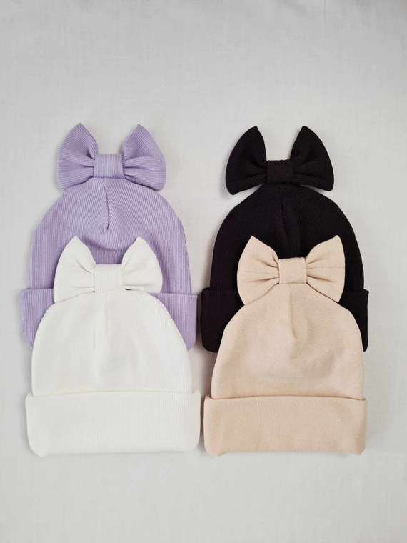 Czapka z kokardką 15K prążek podwójna Marija - ecru