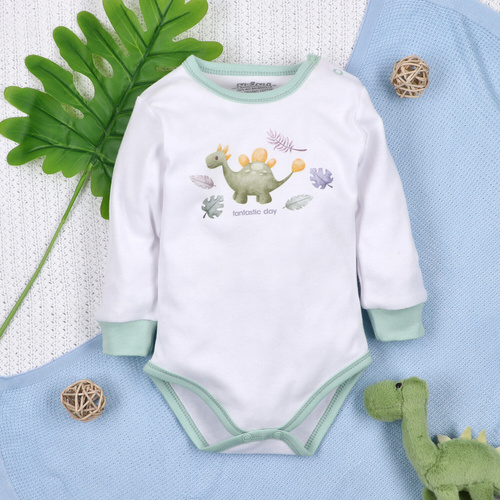 Body niemowlęce Dino Explorer Nini biały– bawełna organiczna, długi rękaw