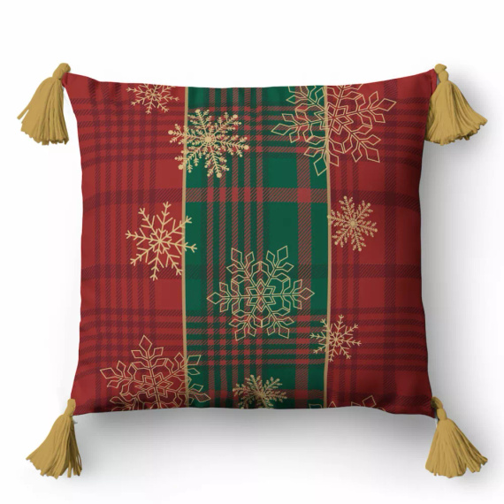 5382 A Christmas Deco Detexpol krata czerwona i zielona ze złotymi śnieżynkami– poszewka dekoracyjna świąteczna 45x45, Panama, zamek błyskawiczny