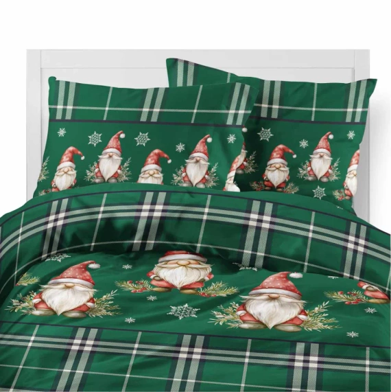 5622 B Magia Świąt Detexpol Pościel świąteczna flanelowa zielona w kratę ze skrzatami i śnieżynkami – bawełna 100%, certyfikat OEKO-TEX®