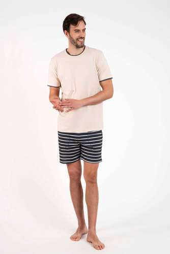 Piżama Męska krótki rękaw, spodenki Lars talian Fashion - beżowy/druk grafitowy