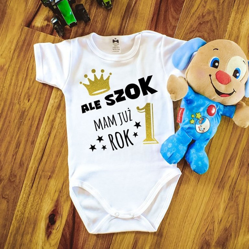 Body krótki rękaw "Ale szok mam już rok!" Moocha białe