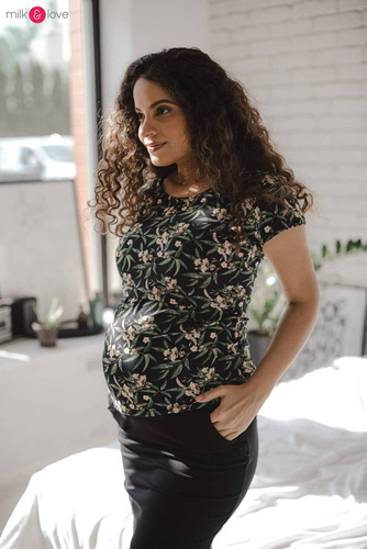 Bluzka do karmienia i ciążowa z krótkim rękawem Milk Shirt Milk&Love w listki na czarnym
