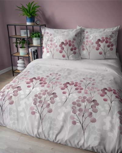 Pościel satynowa gałązki w odcieniach różu 5223 B Detexpol szary 