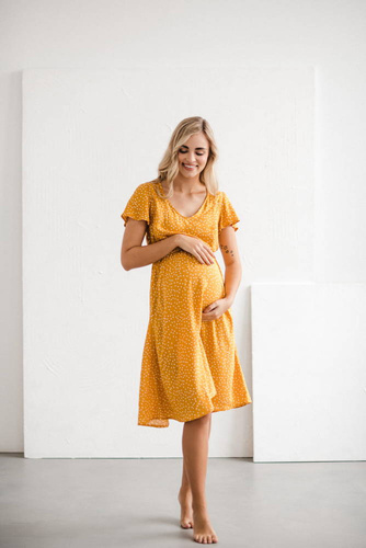 Sukienka ciążowa i do karmienia Lovely Dress Midi Milk&Love musztardowy w groszki
