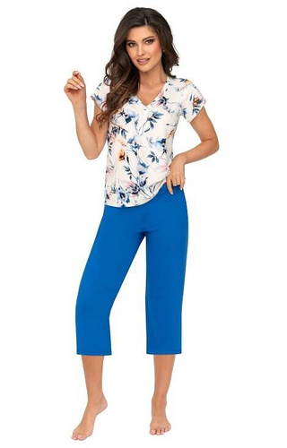 Piżama damska Astrid 3/4 Donna - ecru-cobalt