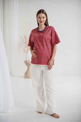 T-shirt do karmienia i ciąży Mamahood oversize z krytymi zamkami OEKO-TEX Milk&Love fioletowo-pomarańczowepaski