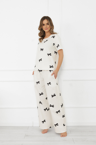 Damska piżama Figaro – bawełna, ecru, koszulka + spodnie Italian Fashion
