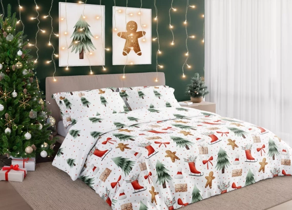 Scandic 078 Scandic Faro biała z choinkami, pierniczkami – pościel świąteczna dwustronna, bawełna 100%, komplet