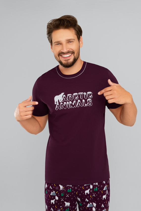 Piżama Męska krótki rękaw, długie spodnie Manfred Italian Fashion - burgund/druk burgund