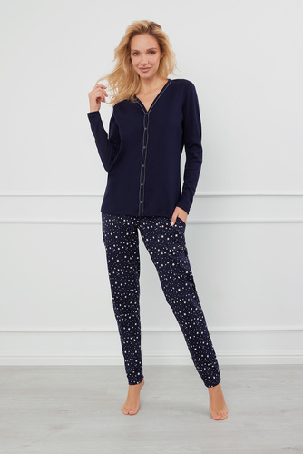 Rozpinana Piżama Damska długi rękaw, spodnie Libra Italian Fashion - granatowy/druk