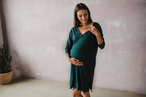 Bambusowa koszula nocna ciążowa i do karmienia długi rękaw Moon Milk&Love butelkowa zieleń