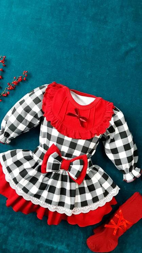 Body falbanka z długim rękawem 182KK Santa Marija - kratka z bordowym dekoltem