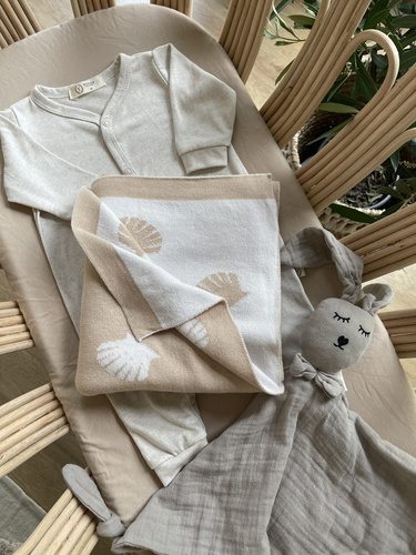 Dwustronny kocyk dziany Ocean YOSOY - beżowy/biały