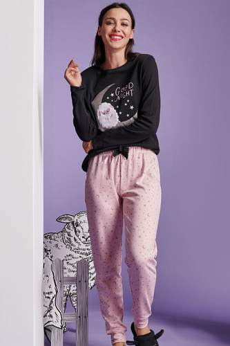 SHEARLY Sorbetto czarna  – piżama damska z bawełny, aplikacją 3D i wzorem w gwiazdki