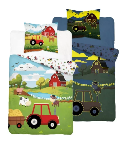 Pościel świecąca w ciemności 140x200 farma z traktorem 5545 A Fluo 95 + poszewka 70x90 | 100% bawełna | Dla dzieci