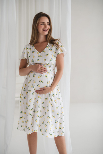 Biała sukienka ciążowa i do karmienia w cytryny – Lovely Dress Midi, krótki rękaw Milk&Love 