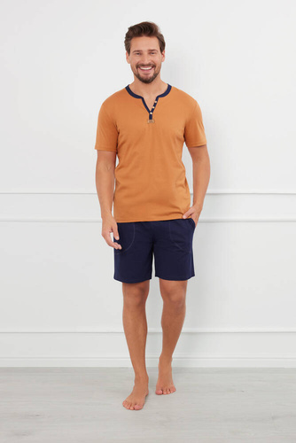 Piżama Męska krótki rękaw, spodenki Juliusz Italian Fashion - koniak/granatowy