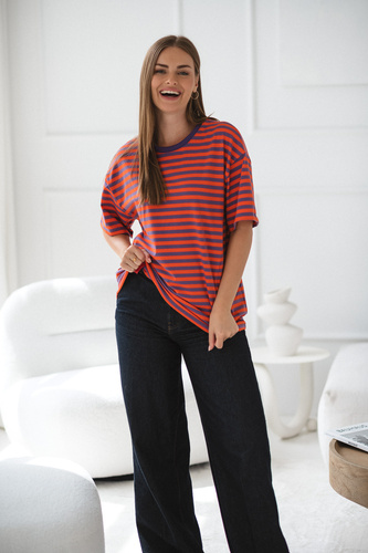 T-shirt do karmienia i ciąży Mamahood oversize z krytymi zamkami OEKO-TEX Milk&Love fioletowo-pomarańczowepaski