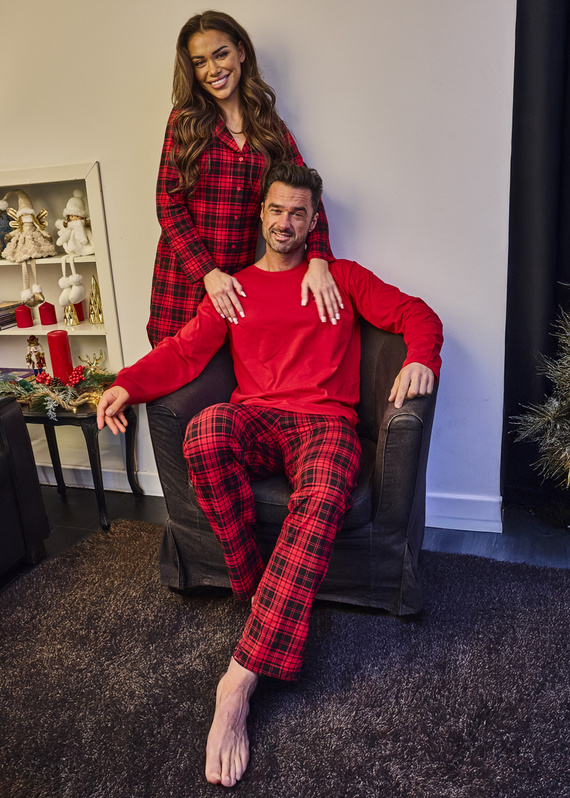 Cornette Tracy 104/433 – koszula nocna bawełniana, rozpinana, krata czerwona, długi rękaw