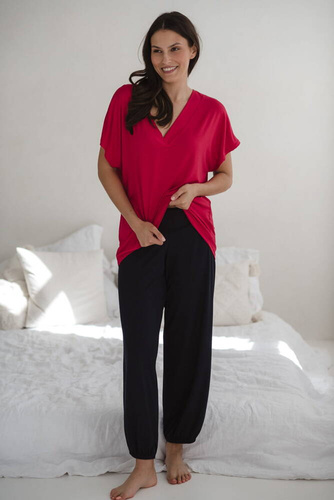 Bambusowa bluzka od piżamy ciążowej do karmienia krótki rękaw Moon Milk&Love malinowy