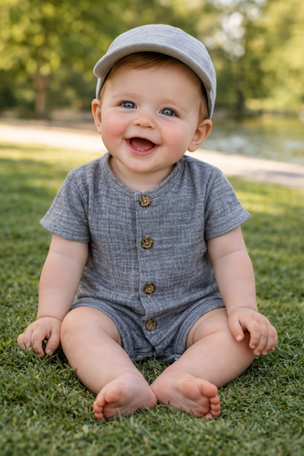 Rampers muślinowy Just Muslin Makoma navy– krótki rękaw, 100% bawełna