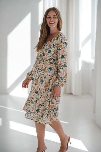 Sukienka ciążowa i do karmienia Lovely Dress Midi Milk&Love beżowa w kwiaty– naturalna tkanina z lnem, elegancka midi z zamkami do karmienia