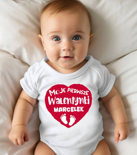 Body krótki rękaw "Moje pierwsze Walentynki + imię" Moocha biały