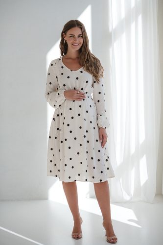 Sukienka ciążowa i do karmienia Lovely Dress Midi Milk&Love kremowa w grochy– naturalna tkanina z lnem, elegancka midi z zamkami do karmienia