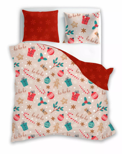Scandic 082 Scandic Faro beżowo-czerwona z pierniczkami – pościel świąteczna dwustronna, bawełna 100%, komplet
