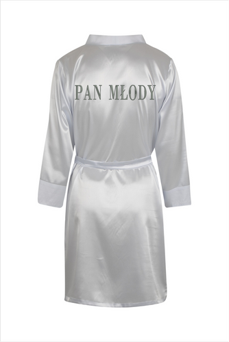 Szlafrok męski satynowy Pan Młody ByShelly - biały/srebrny