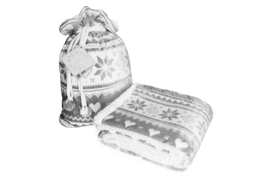 SACO Koc świąteczny 150x200 – szary, ciepły, miękki, z norweskim wzorem śnieżynek, w ozdobnym worku
