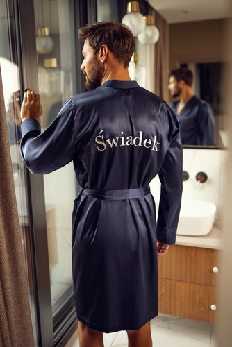 Szlafrok męski satynowy Świadek ByShelly - granatowy/srebrny