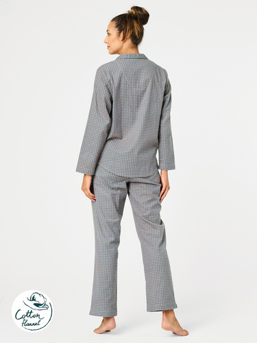 Piżama damska Key LNS 429 – bawełna, koszulowa góra na guziki, długi rękaw