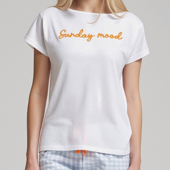 Dana Sorbetto niebieska – bawełniana piżama damska z haftem i spodniami w kratkę