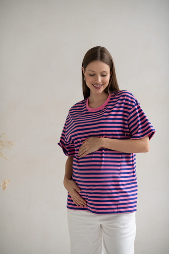 T-shirt do karmienia i ciąży Mamahood oversize z krytymi zamkami OEKO-TEX Milk&Love różowo-niebieskie paski 