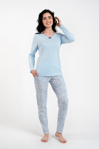 Piżama Damska długi rękaw, długie spodnie Salli Italian Fashion - niebieski/druk 