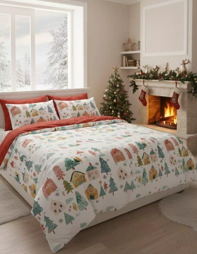 Scandic 080 Scandic Faro biała i czerwona z kolorowymi domkami – pościel świąteczna dwustronna, bawełna 100%, komplet 