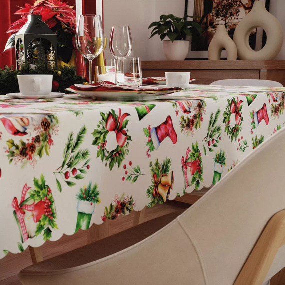 Czerwony obrus świąteczny C03 Markizeta – wodoodporny z wykończeniem chmurka