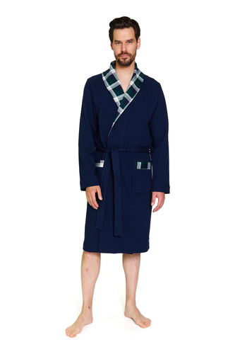 Męski bawełniany szlafrok granatowy z kieszeniami i kratką – Doctor Nap 7366 - navy blue