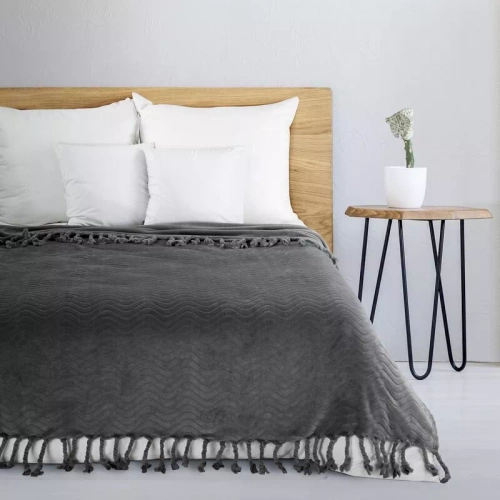 Koc narzuta z frędzlami Emma Eurofirany stalowy 