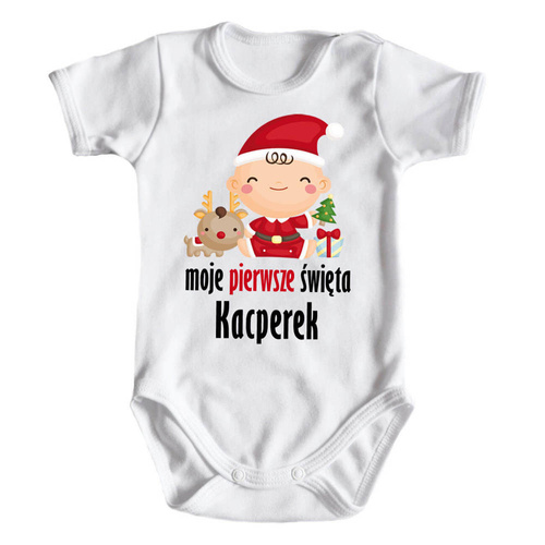 Body krótki rękaw "Moje pierwsze Święta z imieniem"" Moocha biały 