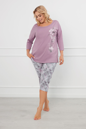 Piżama Damska 3/4 rękaw, 3/4 spodnie Ibena Italian Fashion - wrzosowy/druk