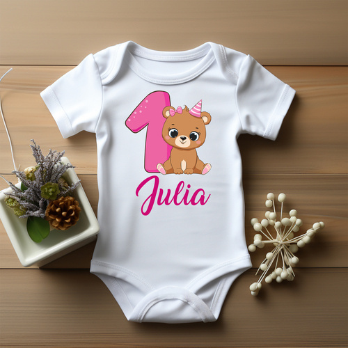 Body krótki rękaw "1 urodziny ROCZEK różowa jedynka"  Moocha biały
